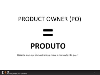 21	
  
PRODUTO	
  
=	
  
PRODUCT	
  OWNER	
  (PO)	
  
Garante	
  que	
  o	
  produto	
  desenvolvido	
  é	
  o	
  que	
  o	
  cliente	
  quer!	
  
 