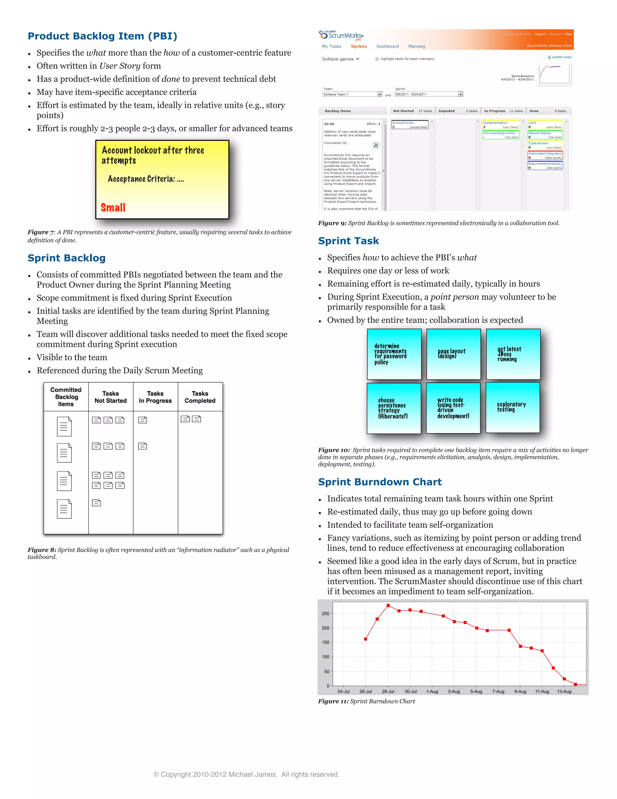 Product Backlog Item (PBI)
¥ Specifies the what more than the how of a customer-centric feature
¥ Often written in User Story form
¥ Has a product-wide definition of done to prevent technical debt
¥ May have item-specific acceptance criteria
¥ Effort is estimated by the team, ideally in relative units (e.g., story
points)
¥ Effort is roughly 2-3 people 2-3 days, or smaller for advanced teams
Figure 7: A PBI represents a customer-centric feature, usually requiring several tasks to achieve
definition of done.
Sprint Backlog
¥ Consists of committed PBIs negotiated between the team and the
Product Owner during the Sprint Planning Meeting
¥ Scope commitment is fixed during Sprint Execution
¥ Initial tasks are identified by the team during Sprint Planning
Meeting
¥ Team will discover additional tasks needed to meet the fixed scope
commitment during Sprint execution
¥ Visible to the team
¥ Referenced during the Daily Scrum Meeting
Figure 8: Sprint Backlog is often represented with an “information radiator” such as a physical
taskboard.
Account lockout after three
attempts
Acceptance Criteria: ....
Small
Figure 9: Sprint Backlog is sometimes represented electronically in a collaboration tool.
Sprint Task
¥ Specifies how to achieve the PBI’s what
¥ Requires one day or less of work
¥ Remaining effort is re-estimated daily, typically in hours
¥ During Sprint Execution, a point person may volunteer to be
primarily responsible for a task
¥ Owned by the entire team; collaboration is expected
Figure 10: Sprint tasks required to complete one backlog item require a mix of activities no longer
done in separate phases (e.g., requirements elicitation, analysis, design, implementation,
deployment, testing).
Sprint Burndown Chart
¥ Indicates total remaining team task hours within one Sprint
¥ Re-estimated daily, thus may go up before going down
¥ Intended to facilitate team self-organization
¥ Fancy variations, such as itemizing by point person or adding trend
lines, tend to reduce effectiveness at encouraging collaboration
¥ Seemed like a good idea in the early days of Scrum, but in practice
has often been misused as a management report, inviting
intervention. The ScrumMaster should discontinue use of this chart
if it becomes an impediment to team self-organization.
250
200
150
100
50
0
24-Jul 26-Jul 28-Jul 30-Jul 1-Aug 3-Aug 5-Aug 7-Aug 9-Aug 11-Aug 13-Aug
Figure 11: Sprint Burndown Chart
determine
requirements
for password
policy
page layout
(design)
get latest
JBoss
running
choose
persistence
strategy
(Hibernate?)
write code
(using test-
driven
development)
exploratory
testing
© Copyright 2010-2012 Michael James. All rights reserved.
 