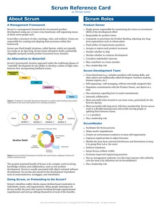 About Scrum
A Management Framework
Scrum is a management framework for incremental product
development using one or more cross-functional, self-organizing teams
of about seven people each.
It provides a structure of roles, meetings, rules, and artifacts. Teams are
responsible for creating and adapting their processes within this
framework.
Scrum uses fixed-length iterations, called Sprints, which are typically
two weeks or 30 days long. Scrum teams attempt to build a potentially
shippable (properly tested) product increment every iteration.
An Alternative to Waterfall
Scrum’s incremental, iterative approach trades the traditional phases of
"waterfall" development for the ability to develop a subset of high-value
features first, incorporating feedback sooner.
Requirements
Analysis
Design
Code
Integration
Test
Deploy
Figure 1: Traditional “waterfall” development depends on a perfect understanding of the product
requirements at the outset and minimal errors executing each phase.
Project
Start
Iteration 1
QA / Acceptance
Testing
Design &
Analysis
Implementation & Developer Testing
Evaluation /
Prioritization
Detailed
Requirements
(Deployment)
Iteration Detail
Iteration 2 Iteration 3 Iteration 4
Project
End
Figure 2: Scrum blends all development activities into each iteration, adapting to discovered
realities at fixed intervals.
The greatest potential benefit of Scrum is for complex work involving
knowledge creation and collaboration, such as new product
development. Scrum is usually associated with object-oriented software
development. Its use has also spread to the development of products
such as semiconductors, mortgages, and wheelchairs.
Doing Scrum, or Pretending to Do Scrum?
Scrum’s relentless reality checks expose dysfunctional constraints in
individuals, teams, and organizations. Many people claiming to do
Scrum modify the parts that require breaking through organizational
impediments and end up robbing themselves of most of the benefits.
Scrum Roles
Product Owner
¥ Single person responsible for maximizing the return on investment
(ROI) of the development effort
¥ Responsible for product vision
¥ Constantly re-prioritizes the Product Backlog, adjusting any long-
term expectations such as release plans
¥ Final arbiter of requirements questions
¥ Accepts or rejects each product increment
¥ Decides whether to ship
¥ Decides whether to continue development
¥ Considers stakeholder interests
¥ May contribute as a team member
¥ Has a leadership role
Scrum Development Team
¥ Cross-functional (e.g., includes members with testing skills, and
often others not traditionally called developers: business analysts,
domain experts, etc.)
¥ Self-organizing / self-managing, without externally assigned roles
¥ Negotiates commitments with the Product Owner, one Sprint at a
time
¥ Has autonomy regarding how to reach commitments
¥ Intensely collaborative
¥ Most successful when located in one team room, particularly for the
first few Sprints
¥ Most successful with long-term, full-time membership. Scrum moves
work to a flexible learning team and avoids moving people or
splitting them between teams.
¥ 7 ± 2 members
¥ Has a leadership role
ScrumMaster
¥ Facilitates the Scrum process
¥ Helps resolve impediments
¥ Creates an environment conducive to team self-organization
¥ Captures empirical data to adjust forecasts
¥ Shields the team from external interference and distractions to keep
it in group flow (a.k.a. the zone)
¥ Enforces timeboxes
¥ Keeps Scrum artifacts visible
¥ Promotes improved engineering practices
¥ Has no management authority over the team (anyone with authority
over the team is by definition not its ScrumMaster)
¥ Has a leadership role
Scrum Reference Card
by Michael James
http://ScrumReferenceCard.com © Copyright 2010-2012 Michael James. All rights reserved.
Vision Continue
 