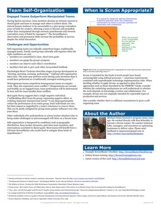 Team Self-Organization
Engaged Teams Outperform Manipulated Teams
During Sprint execution, team members develop an intrinsic interest in
shared goals and learn to manage each other to achieve them. The
natural human tendency to be accountable to a peer group contradicts
years of habit for workers. Allowing a team to become self-propelled,
rather than manipulated through extrinsic punishments and rewards,
contradicts years of habit for managers.10 The ScrumMaster’s
observation and persuasion skills increase the probability of success,
despite the initial discomfort.
Challenges and Opportunities
Self-organizing teams can radically outperform larger, traditionally
managed teams. Family-sized groups naturally self-organize when the
right conditions are met:
¥ members are committed to clear, short-term goals
¥ members can gauge the group’s progress
¥ members can observe each other’s contribution
¥ members feel safe to give each other unvarnished feedback
Psychologist Bruce Tuckman describes stages of group development as
“forming, storming, norming, performing.”11 Optimal self-organization
takes time. The team may perform worse during early iterations than it
would have performed as a traditionally managed working group.12
Heterogeneous teams outperform homogeneous teams at complex
work. They also experience more conflict.13 Disagreements are normal
and healthy on an engaged team; team performance will be determined
by how well the team handles these conflicts.
Bad apple theory suggests that a single negative individual
(“withholding effort from the group, expressing negative affect, or
violating important interpersonal norms”14) can disproportionately
reduce the performance of an entire group. Such individuals are rare,
but their impact is magnified by a team’s reluctance to remove them.
This can be partly mitigated by giving teams greater influence over who
joins them.
Other individuals who underperform in a boss/worker situation (due to
being under-challenged or micromanaged) will shine on a Scrum team.
Self-organization is hampered by conditions such as geographic
distribution, boss/worker dynamics, part-time team members, and
interruptions unrelated to Sprint goals. Most teams will benefit from a
full-time ScrumMaster who works hard to mitigate these kinds of
impediments.15
When is Scrum Appropriate?
1
C
h
aotic
P
redictable
A
n
arch
y
Requirements
Technology
known
knownunknown
unknown
It is typical to adopt the defined (theoretical)
modeling approach when the underlying
mechanisms by which a process operates are
reasonably well understood.
When the process
is too complicated
for the defined
approach, the
empirical
approach is the
appropriate
choice.
Figure 16: Scrum, an empirical framework, is appropriate for work with uncertain requirements
and/or uncertain technology issues.16 17
Scrum is intended for the kinds of work people have found
unmanageable using defined processes — uncertain requirements
combined with unpredictable technology implementation risks. When
deciding whether to apply Scrum, as opposed to plan-driven
approaches such as those described by the PMBOK® Guide, consider
whether the underlying mechanisms are well-understood or whether
the work depends on knowledge creation and collaboration. For
example, Scrum was not originally intended for repeatable types of
production and services.
Also consider whether there is sufficient commitment to grow a self-
organizing team.
About the Author
Michael James learned to program many years
ago. He worked directly with Ken Schwaber to
become a Scrum trainer. He coaches technical
folks, managers, and executives on optimizing
businesses to deliver value. Please send
feedback to mj4scrum@gmail.com or
http://twitter.com/michaeldotjames
Learn More
¥ Example ScrumMaster Checklist: http://ScrumMasterChecklist.org
¥ Online Scrum training: http://ScrumTrainingSeries.com
¥ Latest version of this card: http://ScrumReferenceCard.com
© Copyright 2010-2012 Michael James. All rights reserved.
10 Intrinsic motivation is linked to mastery, autonomy, and purpose. “Rewards” harm this http://www.youtube.com/watch?v=u6XAPnuFjJc
11 “Developmental Sequence in Small Groups.” Psychological Bulletin, 63 (6): 384-99 Tuckman, referenced repeatedly by Schwaber.
12 The Wisdom of Teams: Creating the High-Performance Organization, Katzenbach, Harper Business (1994)
13 Group Genius: The Creative Power of Collaboration, Sawyer, Basic Books (2007). (This book is #2 on Michael James’s list of recommended reading for ScrumMasters.)
14 “How, when, and why bad apples spoil the barrel: Negative group members and dysfunctional groups.” Research in Organizational Behavior, Volume 27, 181–230, Felps/Mitchell/Byington, (2006)
15 An example detailed list of full-time ScrumMaster responsibilities: http://ScrumMasterChecklist.org
16 Extensively modified version of a graph in Strategic Management and Organizational Dynamics, Stacey (1993), referenced in Agile Software Development with Scrum, Schwaber/Beedle (2001).
17 Process Dynamics, Modeling, and Control, Ogunnaike, Oxford University Press, 1992.
Version 0.9l
 