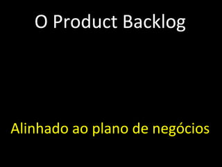 O Product Backlog Emergente Priorizado e estimado Maior prioridade, mais detalhes Qualquer um pode contribuir Priorização é tarefa do PO Sempre visível Alinhado ao plano de negócios 
