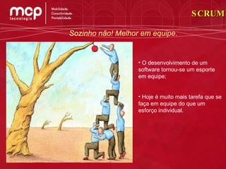 SCRUM Sozinho não! Melhor em equipe. O desenvolvimento de um software tornou-se um esporte em equipe;  Hoje é muito mais tarefa que se faça em equipe do que um esforço individual.  
