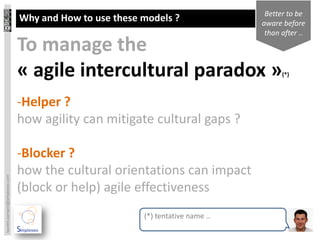 Better to be
                                 Why and How to use these models ?                aware before
                                                                                   than after ..
                                 To manage the
                                 « agile intercultural paradox »                        (*)



                                 -Helper ?
                                 how agility can mitigate cultural gaps ?

                                 -Blocker ?
                                 how the cultural orientations can impact
laurent.sarrazin@simplexeo.com




                                 (block or help) agile effectiveness
                                                          (*) tentative name ..
 