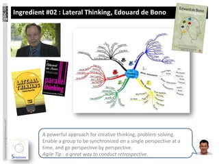 Ingredient #02 : Lateral Thinking, Edouard de Bono
laurent.sarrazin@simplexeo.com




                                          A powerful approach for creative thinking, problem solving.
                                          Enable a group to be synchronized on a single perspective at a
                                          time, and go perspective by perspective.
                                          Agile Tip : a great way to conduct retrospective.
 