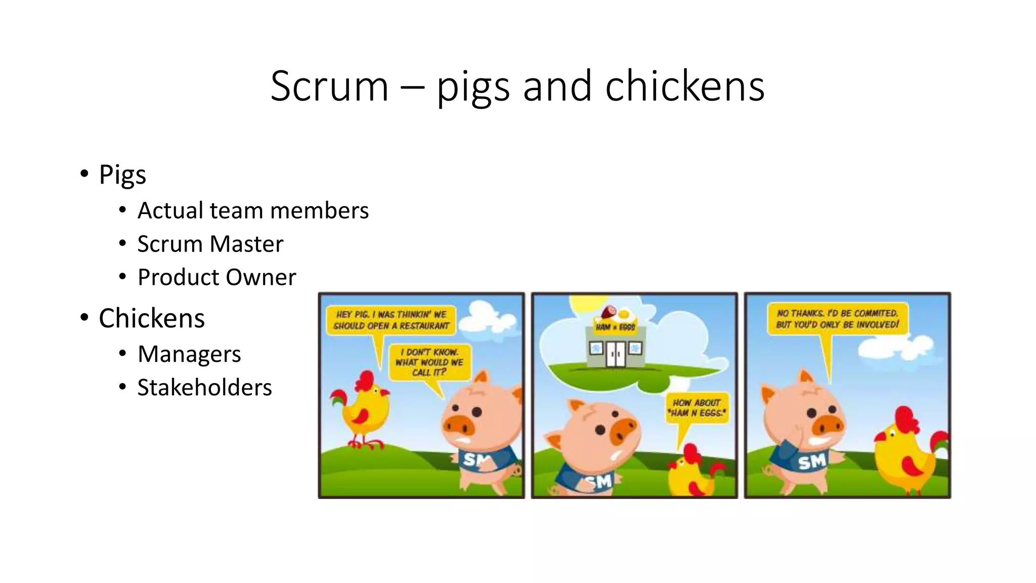 Scrum – pigs and chickens
• Pigs
• Actual team members
• Scrum Master
• Product Owner
• Chickens
• Managers
• Stakeholders
 