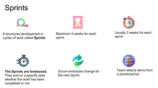 Sprints
It structures development in
cycles of work called Sprints
Maximum 4 weeks for each
sprint
Usually 2 weeks for each
sprint
The Sprints are timeboxed.
They end on a specific date
whether the work has been
completed or not.
Scrum embraces change for
the next Sprint.
Team selects items from
a prioritized list.
 
