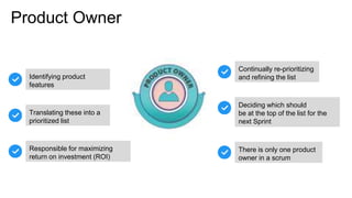 Product Owner
Identifying product
features
Translating these into a
prioritized list
Deciding which should
be at the top of the list for the
next Sprint
Continually re-prioritizing
and refining the list
Responsible for maximizing
return on investment (ROI)
There is only one product
owner in a scrum
 