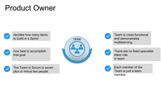 Product Owner
decides how many items
to build in a Sprint
how best to accomplish
that goal
There are no fixed specialist
titles/ role
in team
Team is cross-functional
and demonstrates
multilearning.
The Team in Scrum is seven
plus or minus two people.
Each member of the
Team is just a team
member
 