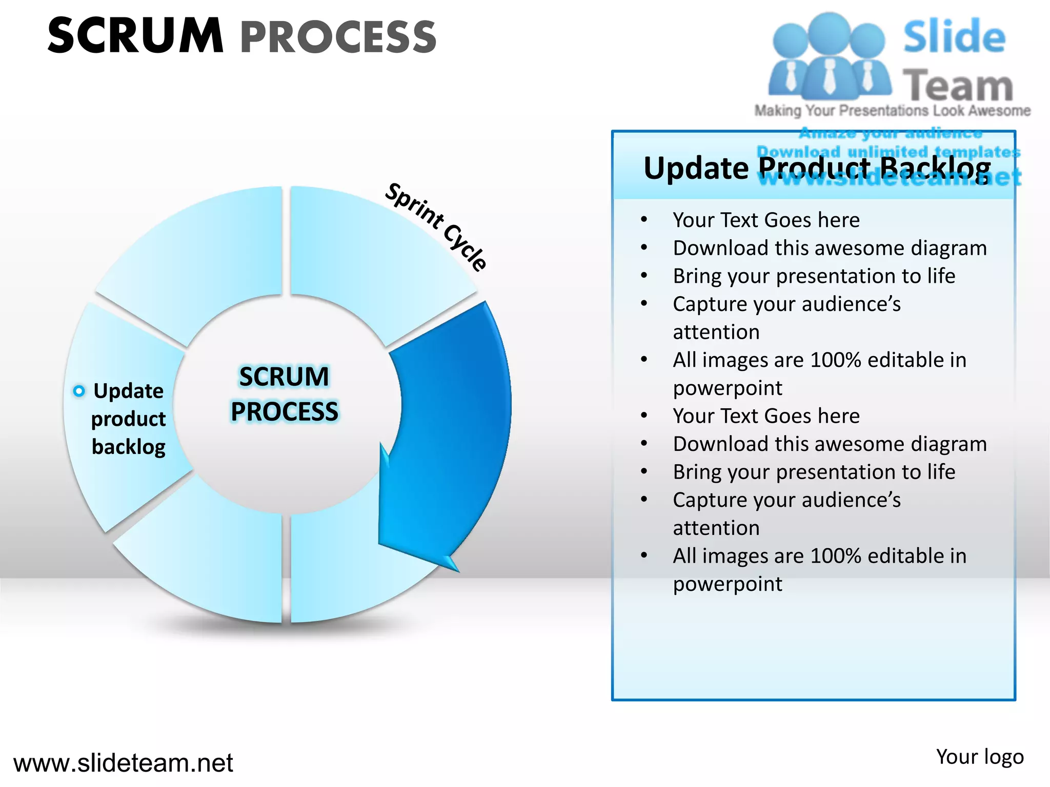 SCRUM PROCESS

                          Update Product Backlog
                          •   Your Text Goes here
                          •   Download this awesome diagram
                          •   Bring your presentation to life
                          •   Capture your audience’s
                              attention
                          •   All images are 100% editable in
     Update
                 SCRUM        powerpoint
     product    PROCESS   •   Your Text Goes here
     backlog              •   Download this awesome diagram
                          •   Bring your presentation to life
                          •   Capture your audience’s
                              attention
                          •   All images are 100% editable in
                              powerpoint




www.slideteam.net                                      Your logo
 