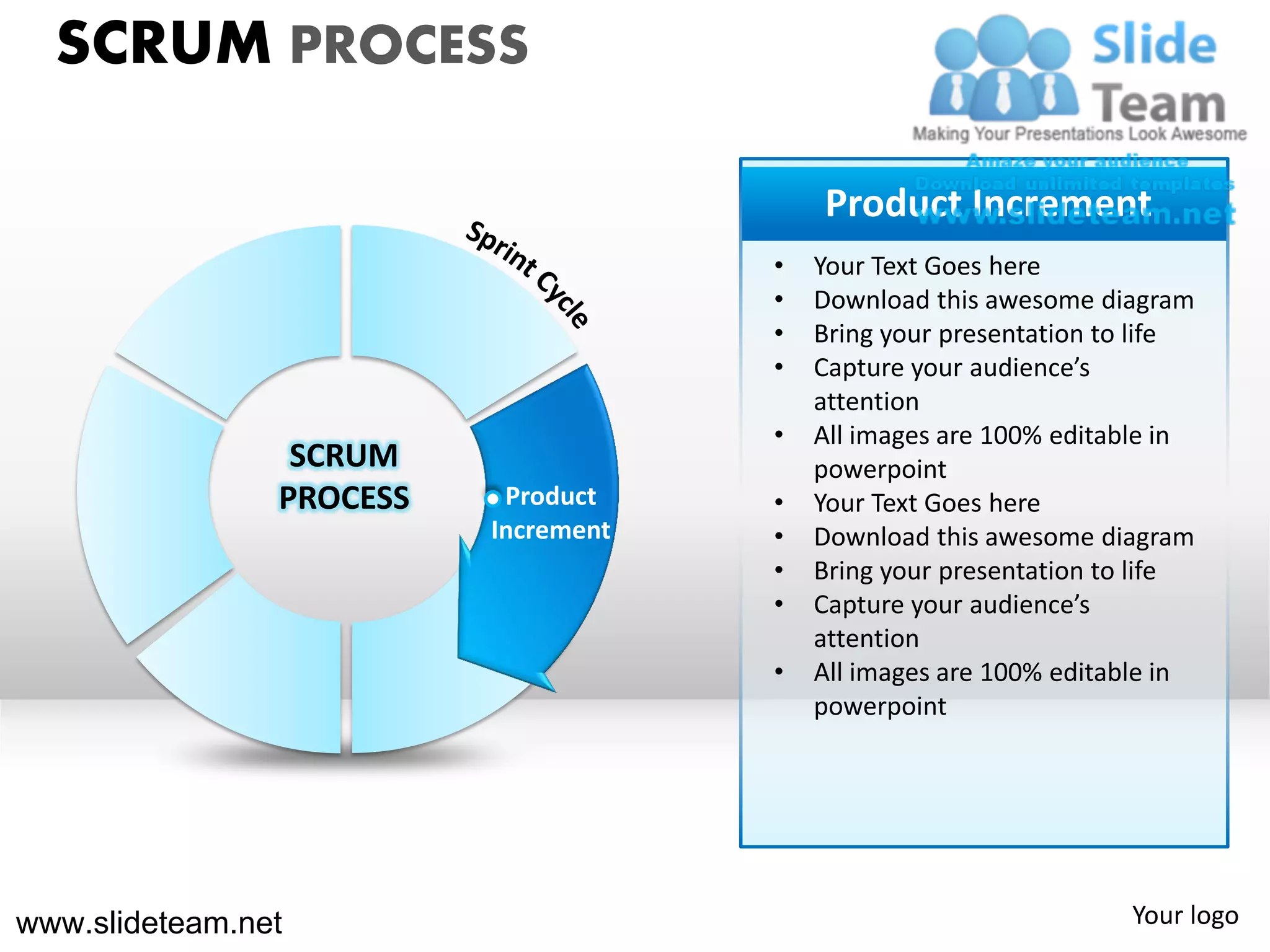 SCRUM PROCESS

                                          Product Increment
                                      •   Your Text Goes here
                                      •   Download this awesome diagram
                                      •   Bring your presentation to life
                                      •   Capture your audience’s
                                          attention
                                      •   All images are 100% editable in
                 SCRUM                    powerpoint
                PROCESS    Product    •   Your Text Goes here
                          Increment   •   Download this awesome diagram
                                      •   Bring your presentation to life
                                      •   Capture your audience’s
                                          attention
                                      •   All images are 100% editable in
                                          powerpoint




www.slideteam.net                                                  Your logo
 
