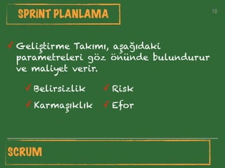 10
SPRİNT PLANLAMA 10
✓ Geliştirme Takımı, aşağıdaki
parametreleri göz önünde bulundurur
ve maliyet verir.
✓ Belirsizlik
✓ Karmaşıklık
✓ Risk
✓ Efor
SCRUM
 