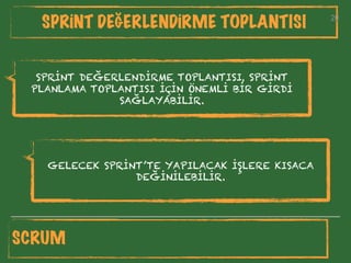 20
SPRİNT DEĞERLENDİRME TOPLANTISI 20
SCRUM
SPRİNT DEĞERLENDİRME TOPLANTISI, SPRİNT
PLANLAMA TOPLANTISI İÇİN ÖNEMLİ BİR GİRDİ
SAĞLAYABİLİR.
GELECEK SPRİNT’TE YAPILACAK İŞLERE KISACA
DEĞİNİLEBİLİR.
 