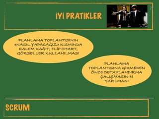 27
İYİ PRATİKLER
27
PLANLAMA TOPLANTISININ
«NASIL YAPACAĞIZ» KISMINDA
KALEM KAĞIT, FLİP CHART,
GÖRSELLER KULLANILMASI
SCRUM
PLANLAMA
TOPLANTISINA GİRMEDEN
ÖNCE DETAYLANDIRMA
ÇALIŞMASININ
YAPILMASI
 
