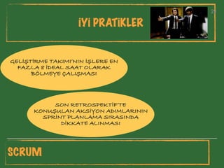29
İYİ PRATİKLER
29
SCRUM
GELİŞTİRME TAKIMI’NIN İŞLERE EN
FAZLA 8 İDEAL SAAT OLARAK
BÖLMEYE ÇALIŞMASI
SON RETROSPEKTİF’TE
KONUŞULAN AKSİYON ADIMLARININ
SPRİNT PLANLAMA SIRASINDA
DİKKATE ALINMASI
 