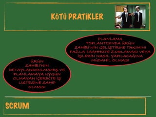 32
KÖTÜ PRATİKLER
32
SCRUM
PLANLAMA
TOPLANTISINDA ÜRÜN
SAHİBİ’NİN GELİŞTİRME TAKIMINI
FAZLA TAAHHÜTE ZORLAMASI VEYA
İŞLERİN NASIL YAPILACAĞINA
MÜDAHİL OLMASIÜRÜN
SAHİBİ’NİN
DETAYLANDIRILMAMIŞ VE
PLANLAMAYA UYGUN
OLMAYAN İÇERİKTE İŞ
LİSTESİNE SAHİP
OLMASI
 