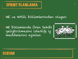 9
SPRİNT PLANLAMA
✓ NE bölümünde Ürün Sahibi
geliştirilmesini istediği iş
maddelerini açıklar.
9
SCRUM
✓ NE ve NASIL bölümlerinden oluşur.
 