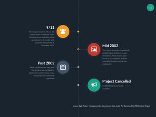 31
9/11
Growing pressure to release the
project faster. Additional $78m
investment was forked to speed
up delivery by 6 months with
expected deployment at
December 2002.
Mid 2002
The classic symptoms of waterfall
project failure started to reveal
themselves. Project plans were
found to be unrealistic, and the
oversight of project spend was
inadequate.Post 2002
Work continued, and each year
the deadline was put back by
another 12 months. Every year a
new project executive was
appointed
Project Cancelled
In 2005 Project was finally
canceled.
source: Agile Project Management for Government Case study: The Success of the FBI Sentinel Project
 