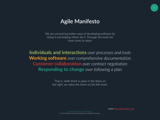 Muhammad Ichsan Rahardianto
© 2017 Muhammad Ichsan Rahardianto. All Rights Reserved.
5
We are uncovering better ways of developing software by
doing it and helping others do it. Through this work we
have come to value:
Agile Manifesto
Individuals and interactions over processes and tools
Working software over comprehensive documentation
Customer collaboration over contract negotiation
Responding to change over following a plan
That is, while there is value in the items on
the right, we value the items on the left more.
source: http://agilemanifesto.org/
 
