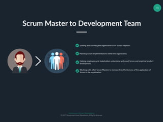 70
Scrum Master to Development Team
Leading and coaching the organization in its Scrum adoption.
Planning Scrum implementations within the organization.
Helping employees and stakeholders understand and enact Scrum and empirical product
development.
Working with other Scrum Masters to increase the effectiveness of the application of
Scrum in the organization.
Muhammad Ichsan Rahardianto
© 2017 Muhammad Ichsan Rahardianto. All Rights Reserved.
 