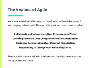 The 4 values of Agile
We are uncovering better ways of developing software by doing it
and helping others do it. Through this work we have come to value:
Individuals and Interactions Over Processes and Tools.
Working Software Over Comprehensive Documentation.
Customer Collaboration Over Contract Negotiation.
Responding to Change Over Following a Plan.
That is, while there is value in the items on the right, we value the
items on the left more.
 