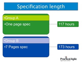 Speciﬁcation length
•One page spec
•Group A
•7 Pages spec
•Group B
173 hours
117 hours
 