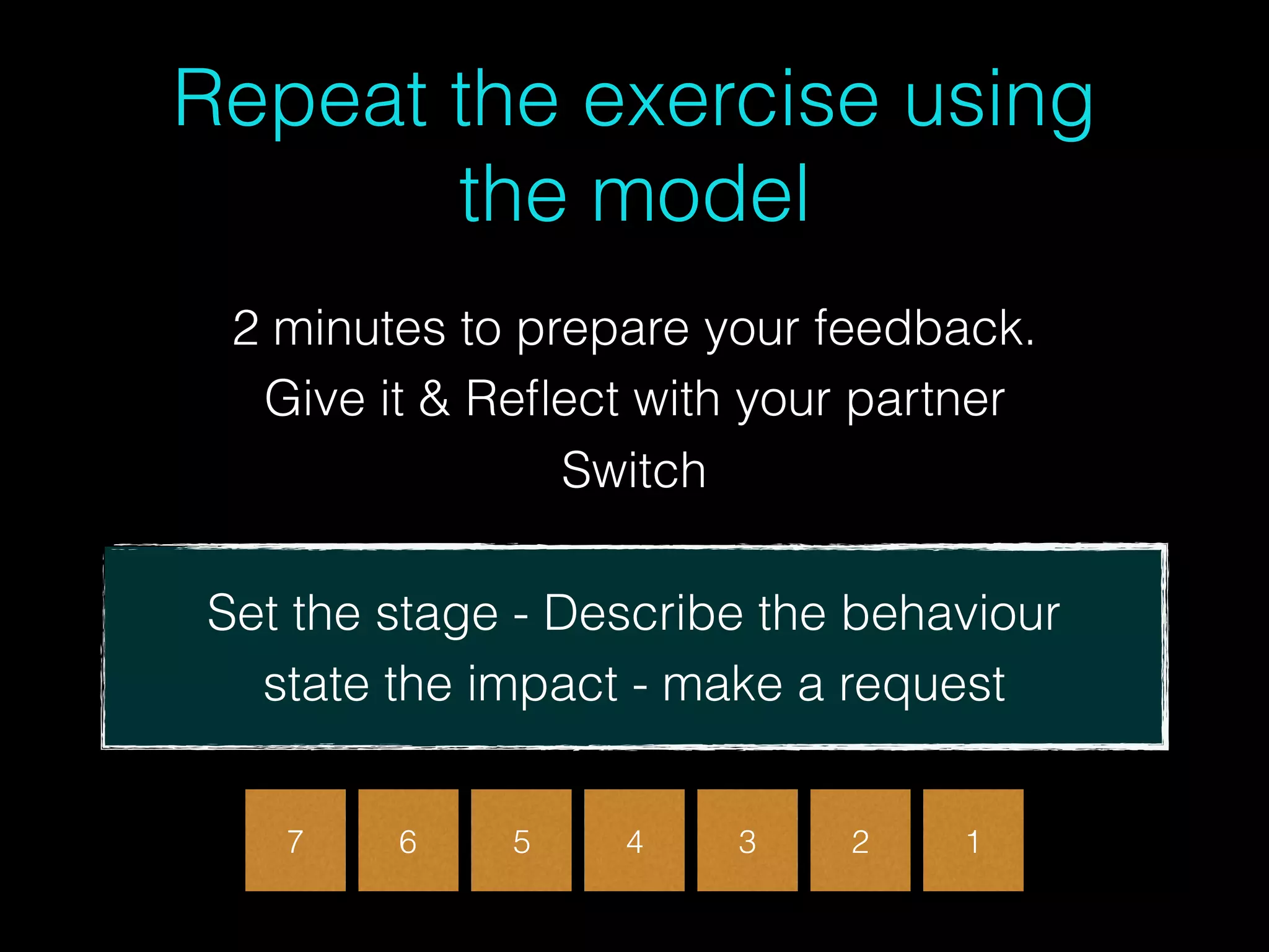 Repeat the exercise using
the model
2 minutes to prepare your feedback.
Give it & Reﬂect with your partner
Switch
6 5 2 1347
Set the stage - Describe the behaviour 
state the impact - make a request
 