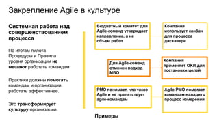 Закрепление Agile в культуре
Системная работа над
совершенствованием
процесса
По итогам пилота
Процедуры и Правила
уровня организации не
мешают работать командам.
Практики должны помогать
командам и организации
работать эффективнее.
Это трансформирует
культуру организации.
Бюджетный комитет для
Agile-команд утверждает
направление, а не
объем работ
Компания
использует канбан
для процесса
дискавери
Для Agile-команд
отменен подход
MBO
Компания
применяет OKR для
постановки целей
PMO понимает, что такое
Agile и не препятствует
agile-командам
Agile PMO помогает
командам наладить
процесс измерений
Примеры
 