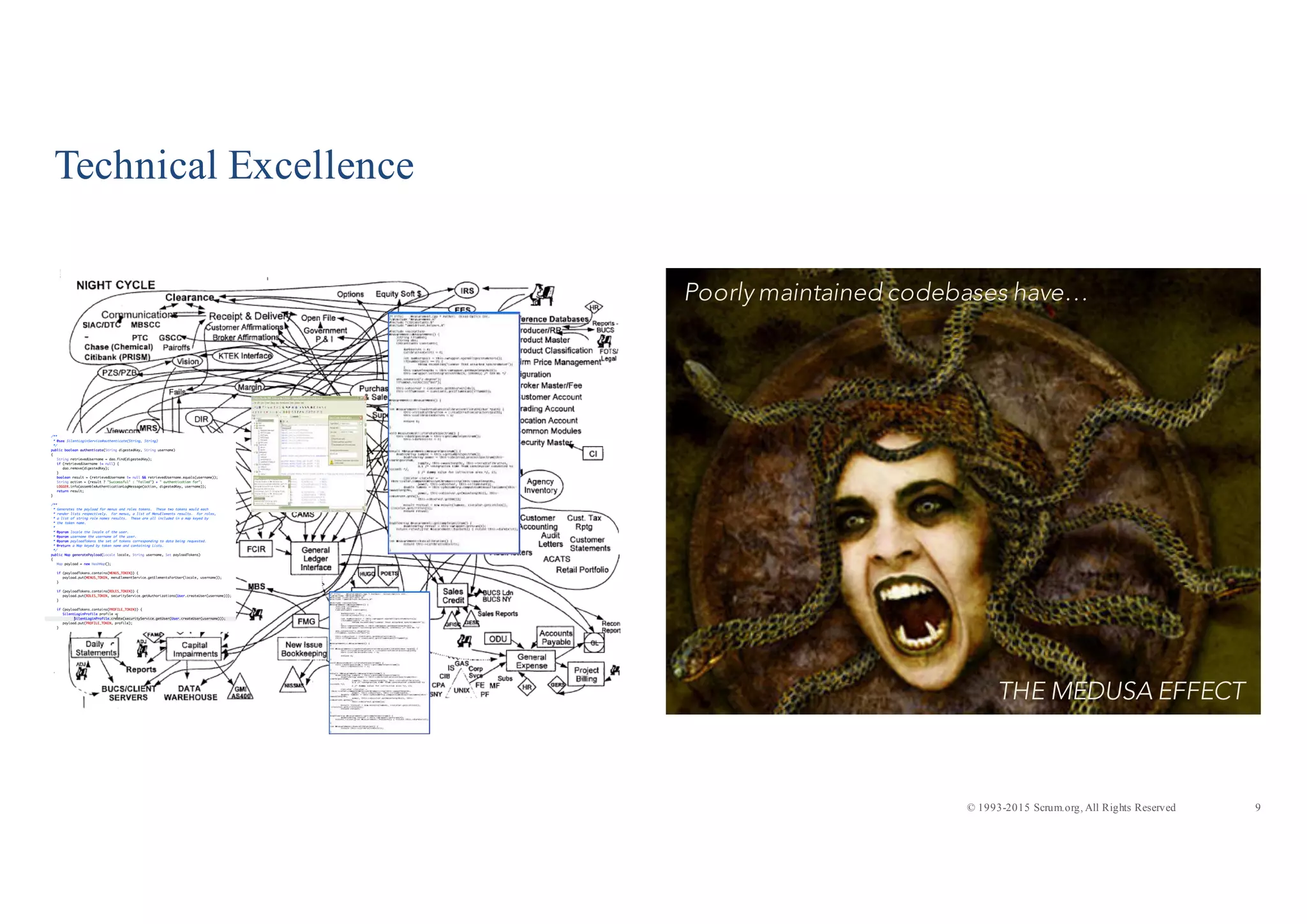 9© 1993-2015 Scrum.org, All Rights Reserved
Technical Excellence
THE MEDUSA EFFECT
Poorly maintained codebases have…
 