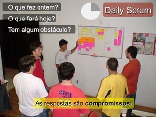 Daily ScrumO que fez ontem?
O que fará hoje?
Tem algum obstáculo?
As respostas são compromissos!
 