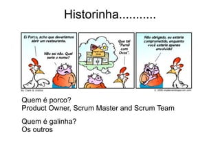 Historinha...........
Quem é porco?
Product Owner, Scrum Master and Scrum Team
Quem é galinha?
Os outros
 