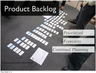 Product Backlog

                                                             Prioritized
                                                             Forecasts
                                                        Continual Planning

 http://www.ﬂickr.com/photos/49942291@N06/6307658357/




Friday, October 12, 12
 