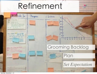 Refinement




                                 Grooming Backlog
                                        Plan
                                        Set Expectation
Saturday, December 1, 12
 