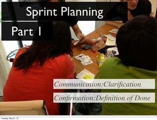 Sprint Planning
Part 1
Communication:Clariﬁcation
Conﬁrmation:Deﬁnition of Done
Tuesday, May 21, 13
 