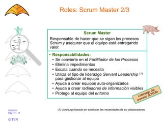 GESPRO
Pág. VI - 15
© TER
Roles: Scrum Master 2/3
Scrum Master
Responsable de hacer que se sigan los procesos
Scrum y asegurar que el equipo está entregando
valor.
• Responsabilidades:
• Se convierte en el Facilitador de los Procesos
• Elimina impedimentos
• Escala cuando se necesita
• Utiliza el tipo de liderazgo Servant Leadership (1)
para gestionar al equipo
• Ayuda a crear equipos auto-organizados
• Ayuda a crear radiadores de información visibles
• Protege al equipo del entorno
(1) Liderazgo basado en satisfacer las necesidades de su colaboradores
 