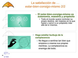 GESPRO
Pág. VI - 25
© TER
25
La satisfacción de …
estar-bien-consigo-mismo 2/2
– El estar-bien-consigo-mismo es
autonomía, maestría y propósito
• Todo el mundo quiere controlar su
propio destino, ser mejores en lo que
hacen y servir a un propósito más
allá de sí mismos.
• Haga estallar burbuja de la
complacencia
– No llegue a sentirse tan bien que
empiece a creerse sus propias
mentiras. La complacencia es
enemiga del éxito.
 