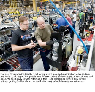 Lean

Use Pull Systems to Avoid Overproduction
Continuous Process Flow
Level Out the Workﬂow
Stop to Fix Problems
Use Visual Controls
Use Standardized Tasks and Processes
Become a Learning Organization (hansei / kaizen)
Tuesday, February 25, 14

This approach of using empirical data to deﬁne and improve our processes, was labeled
“Lean” by Womack and Jones as a way of signaling being able to do more and more with less
and less - in a good way. They identiﬁed 14 principles of Lean, 7 of which I chose to
highlight here

 