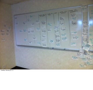 Kanban
5 Steps to Kanban
- Visualize Workﬂow
- Limit Work-in-Progress
- Measure and Manage Flow
- Make Process Policies Explicit
- Use Models to Recognize
Improvement Opportunities

Tuesday, February 25, 14

 