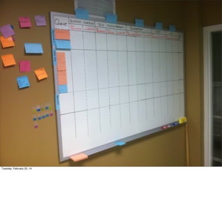 Kanban
5 Steps to Kanban
- Visualize Workﬂow
- Limit Work-in-Progress
Systems Thinking
- Measure and Manage Flow
Theory of Constraints
- Make Process Policies Explicit
Muda (Waste)
- Use Models to Recognize
Improvement Opportunities

Tuesday, February 25, 14

 