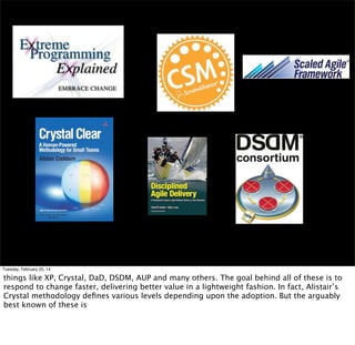 Scrum

http://www.ﬂickr.com/photos/royskeane/413103429
Tuesday, February 25, 14

In Scrum, the visual is that we all come together to move the ball forward. And I want to
spend a little bit of time explaining what Scrum is so we can see how it ties together. So
where did Scrum come from?

 