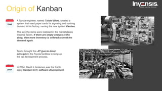 Origin of Kanban
A Toyota engineer, named Taiichi Ohno, created a
system that used paper cards for signaling and tracking
demand in his factory, naming the new system Kanban.
The way the items were restoked in the marketplaces
inspired Taiichi. If there are empty shelves in the
shop, then more inventory is ordered to meet the
demand again.
Taiichi brought this JIT (just-in-time)
principle to the Toyota facilities to ramp up
the car development process.
In 2004, David J. Anderson was the first to
apply Kanban to IT, software development.
 