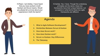 Hi Ryan, I am Ashley. I have heard
that you have worked in both
Kanban and Scrum teams. Would
you please let us know about your
experience in both the teams?
Hi Ashely. Yes, I have. Though the underlying
principles are the same, these two
frameworks have their unique features. Let
us explore in what terms these two agile
frameworks are different.
Agenda
1. What is Agile Software Development?
2. Similarities Between Scrum & Kanban
3. How does Scrum work?
4. How does Kanban work?
5. Scrum vs Kanban: Key Differences
6. The Takeaway
 