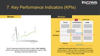 7. Key Performance Indicators (KPIs)
Scrum Kanban
Scrum measures productivity using a metric called velocity,
which is the number of story points completed in a sprint. Uses
Burndown chart and Velocity chart.
Lead time and cycle time are important metrics for
Kanban teams. They are used to calculate the average
amount of time that it takes for a task to move from start
to finish. Then there is CFD
 