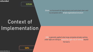 Context of
Implementation
www.edureka.co
Scrum is a framework for Agile projects and works best when used
by companies with a simple organizational structure.
SAFe
SCRUM
SAFe is generally applied when large companies already working
under Agile are willing to expand the “agile way of working” beyond
the teams
 