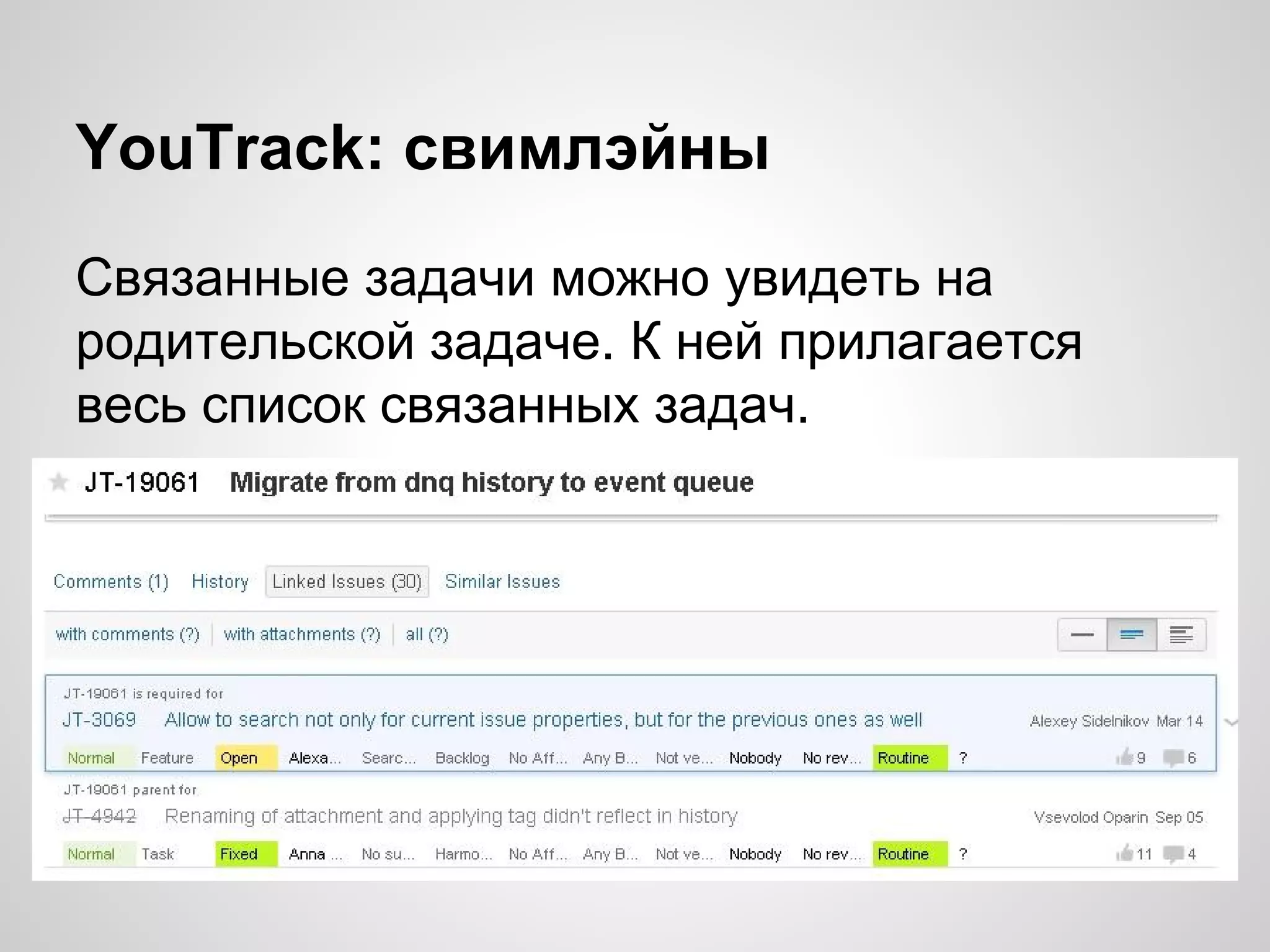 YouTrack: свимлэйны
Связанные задачи можно увидеть на
родительской задаче. К ней прилагается
весь список связанных задач.

 