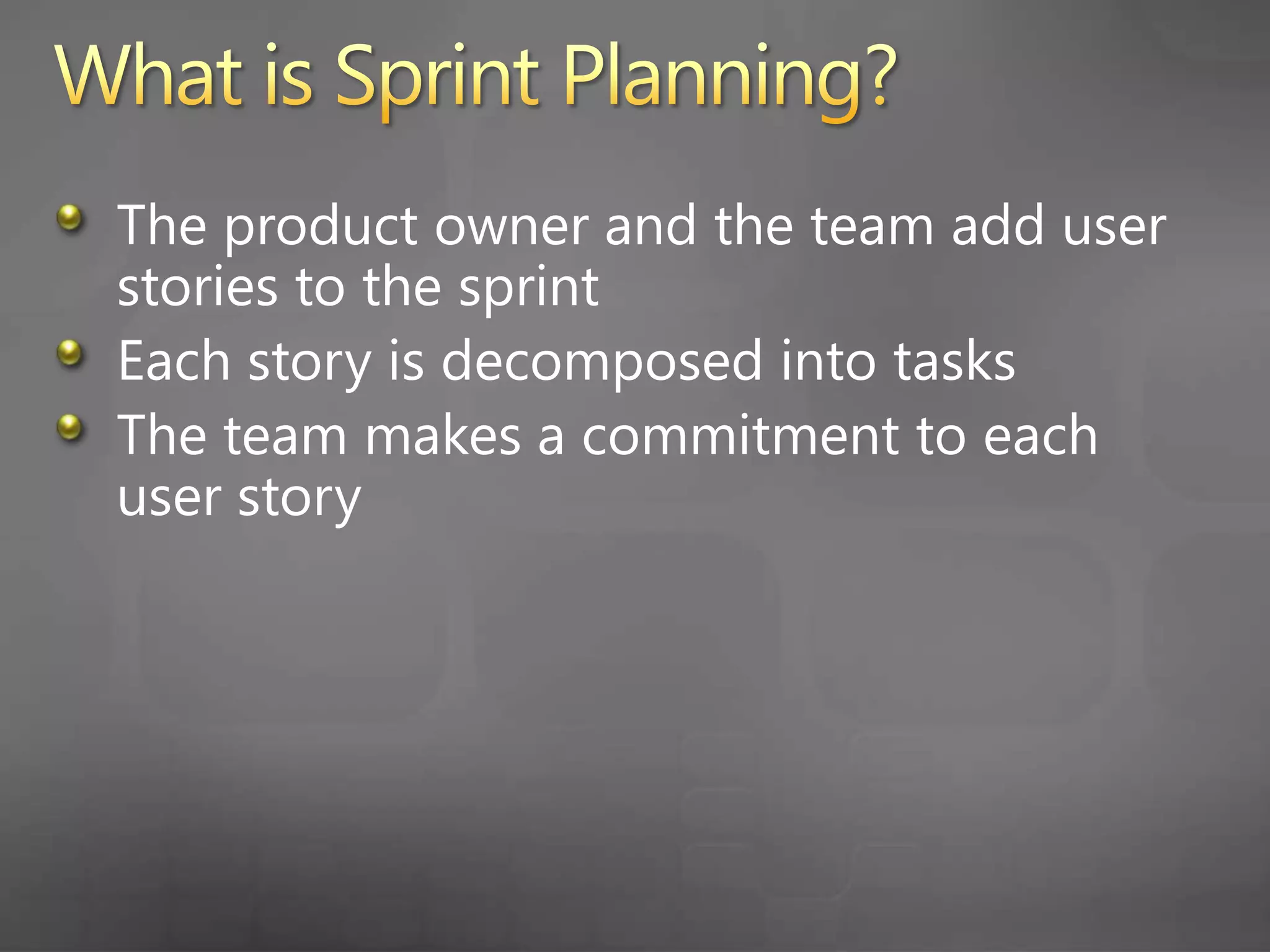 Product BacklogUser StoriesPlanning a SprintIteration BacklogUser StoriesTasks (hours)Commit!Based on estimates the team commits to each story33The team thinks this story is more work than they can commit to…During the sprint planning meeting, the product owner and the team add User Stories to the sprint3The team breaks down each story into tasksCommit!Can’t Commit!