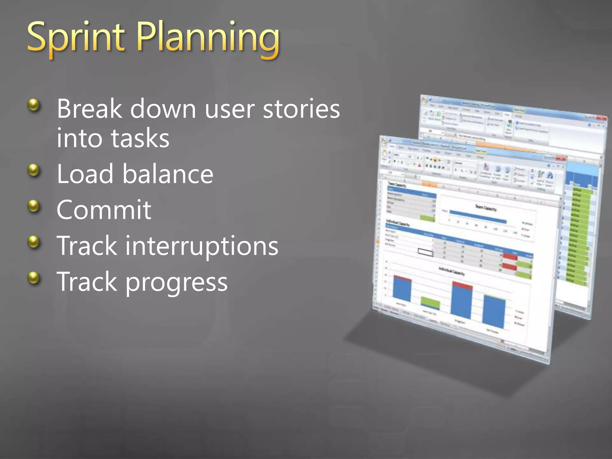 Iteration Backlog WorkbookEach sprint has an Excel workbook to assist the team in making a commitment
