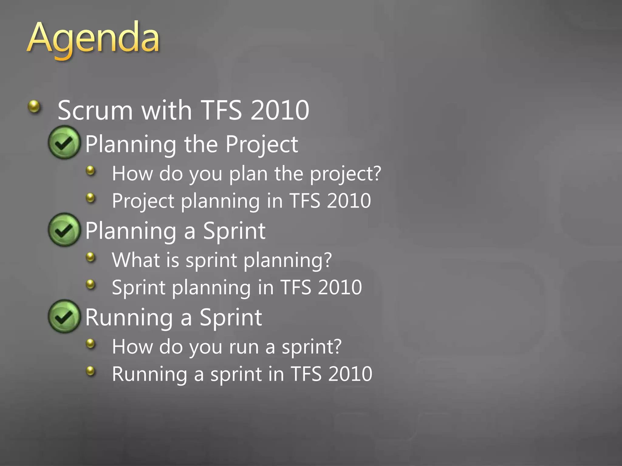 Questions/Follow-UpContactAaron  Bjork abjork@microsoft.comhttp://blogs.msdn.com/aaronbjorkTFS Resourceshttp://blogs.msdn.com/bharryhttp://social.msdn.microsoft.com/Forums/en-US/category/vstshttp://msdn.microsoft.com/en-us/teamsystem/default.aspx