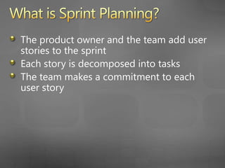 Product BacklogUser StoriesPlanning a SprintIteration BacklogUser StoriesTasks (hours)Commit!Based on estimates the team commits to each story33The team thinks this story is more work than they can commit to…During the sprint planning meeting, the product owner and the team add User Stories to the sprint3The team breaks down each story into tasksCommit!Can’t Commit!