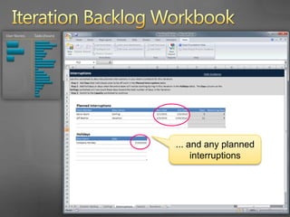 Iteration Backlog WorkbookThe team breaks down the first user story into tasks