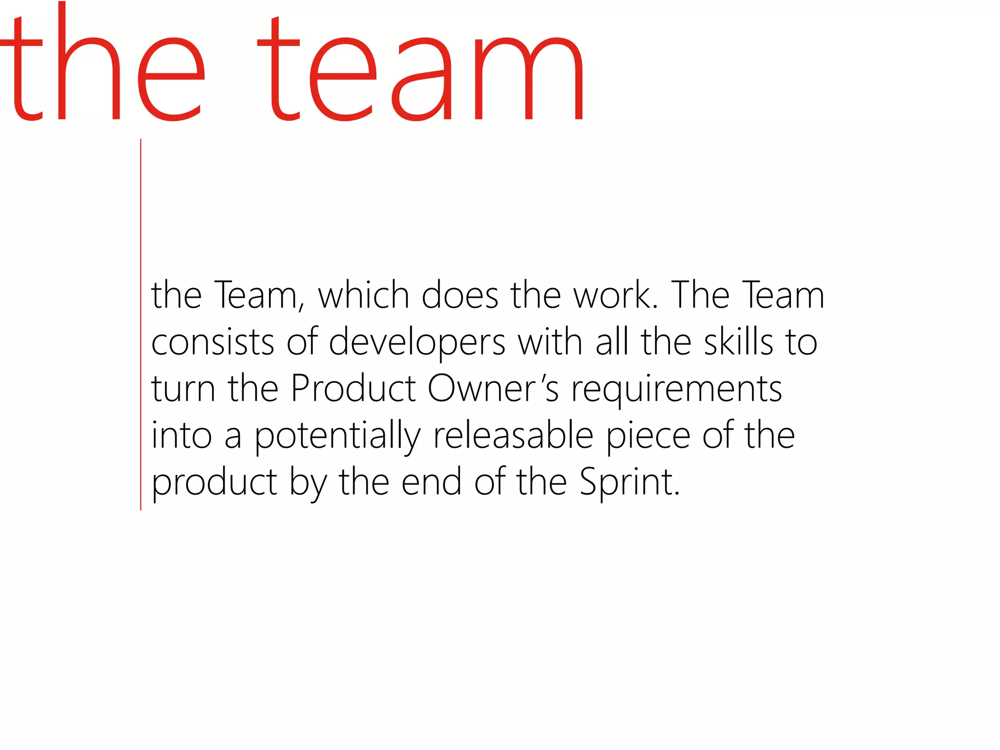 the team
  the Team, which does the work. The Team
  consists of developers with all the skills to
  turn the Product Owner’s requirements
  into a potentially releasable piece of the
  product by the end of the Sprint.
 
